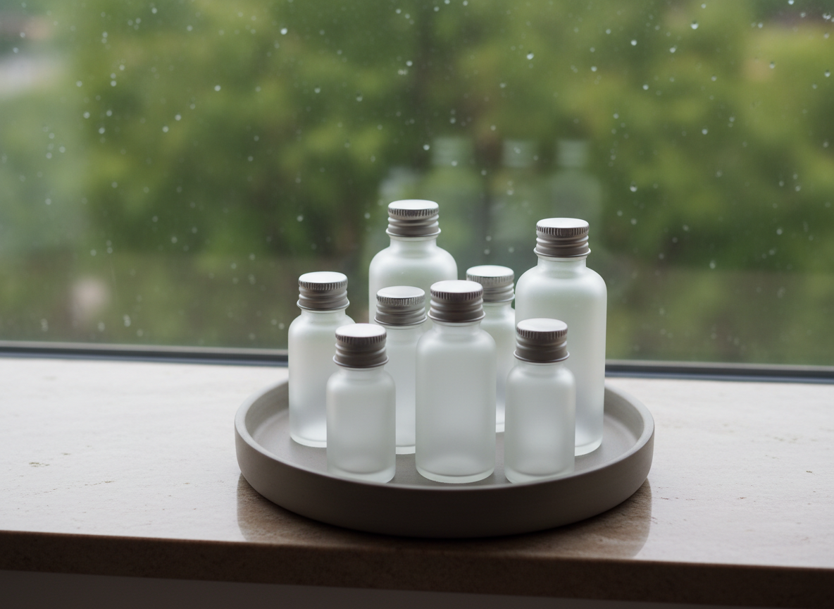 An assortment of handcrafted essential oil bottles made of frosted glass with minimalist, silver-capped tops, arranged thoughtfully on a circular matte ceramic tray in cool taupe tones. The tray is set on a smooth, stone windowsill with faint reflections on its surface. Outside, rain-dappled greenery forms a soft, blurry backdrop through a lightly misted window. The diffused afternoon light casts gentle highlights and enhances the muted palette, while the composition is balanced with asymmetrical elegance, shot from a slightly elevated, close-up perspective. The mood is one of quiet refinement and natural sophistication, with photographic clarity and minimalist details that evoke wellbeing and spiritual renewal.